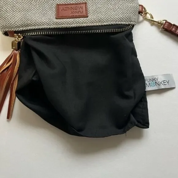 Funky Monkey Clutch Herringbone Gray & Faux Leather  Purse 8.5”x6.5” Bag - Picture 4 of 5